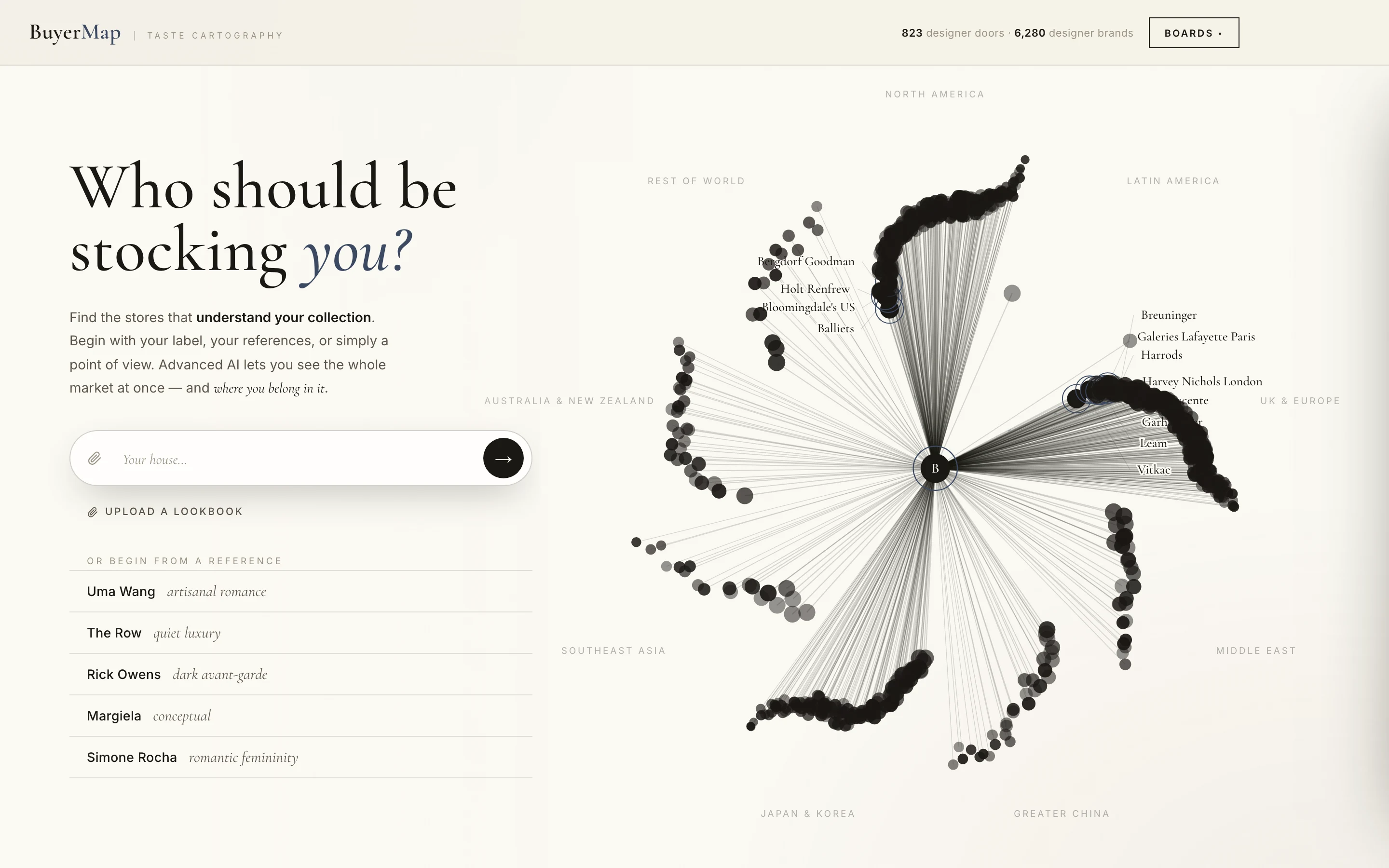 BuyerMap — the atlas: every door charted by region, with the stores that should carry you