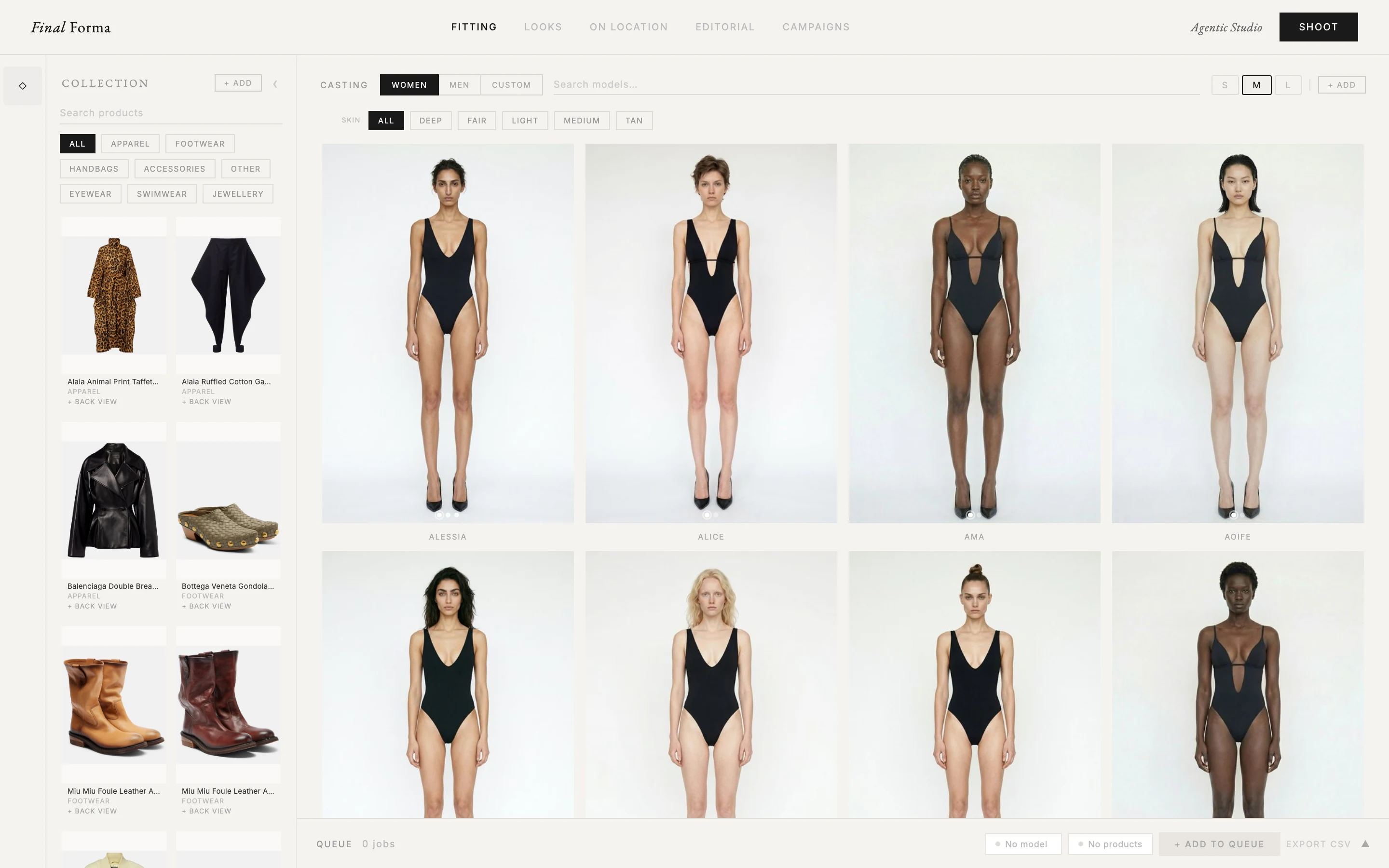 Forma — the fitting board: a standing cast of models beside the collection rail